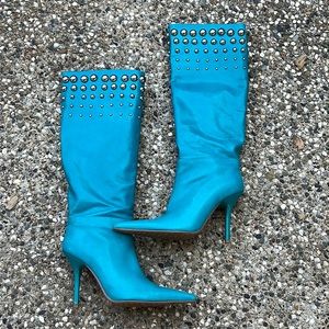 Turquoise High Heel Pointed Toe Leather Boots
